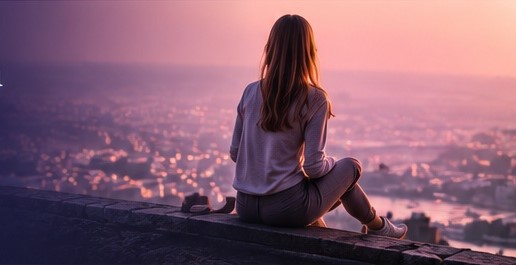 Woman watching sunset over the city